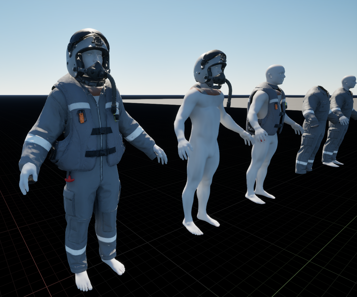 Unreal Engine development lineup showing a complete flight suit and separate helmet, vest, and garment studies on digital characters.