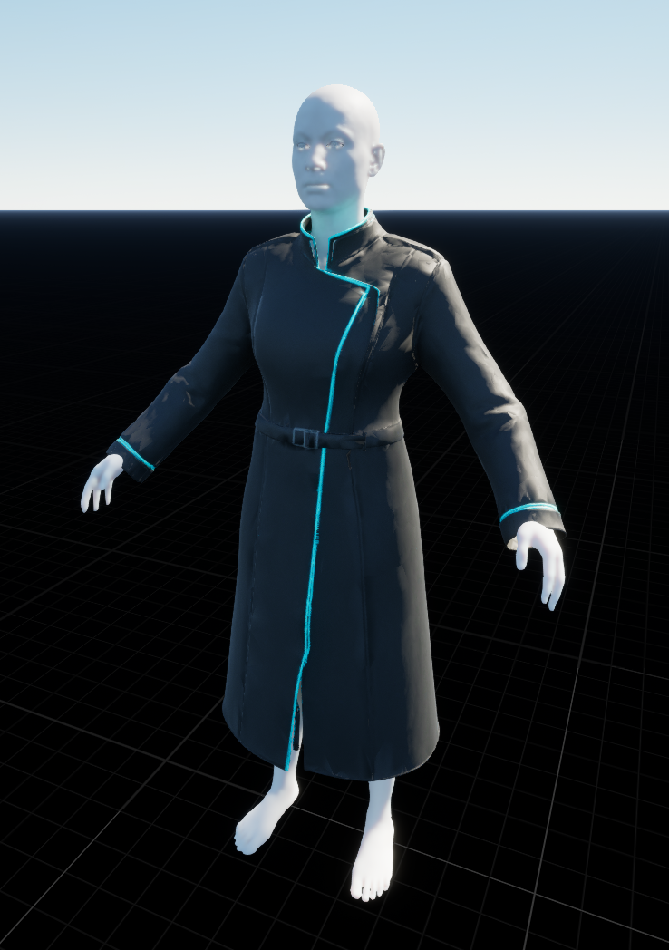 Dark structured coat prototype on a digital character in Unreal Engine, with an asymmetrical front, high collar, belt, and cyan trim.
