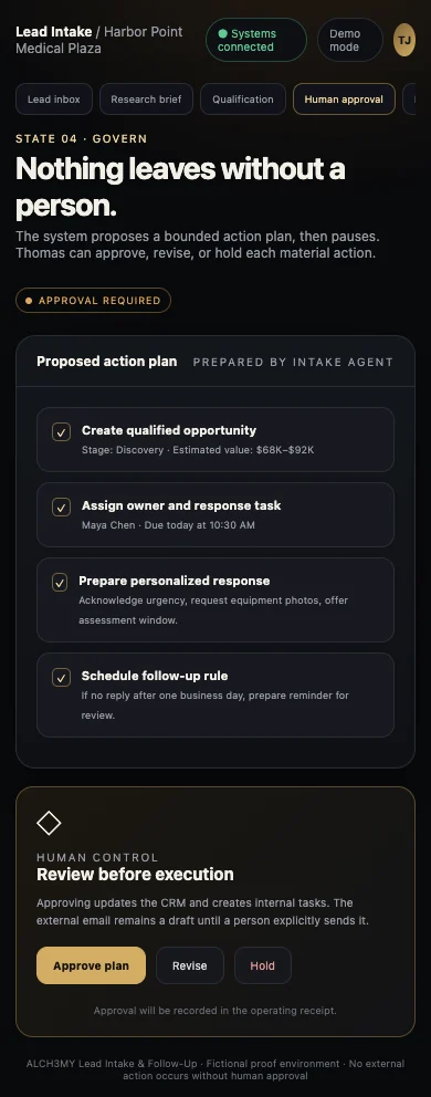 Mobile human approval state for the flagship workflow proof.