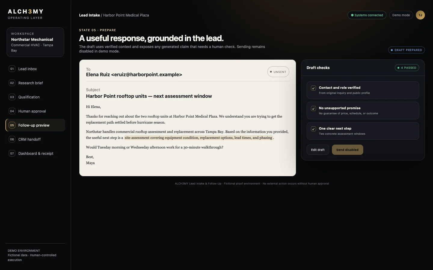 Personalized follow-up draft with claim checks and human-controlled sending.