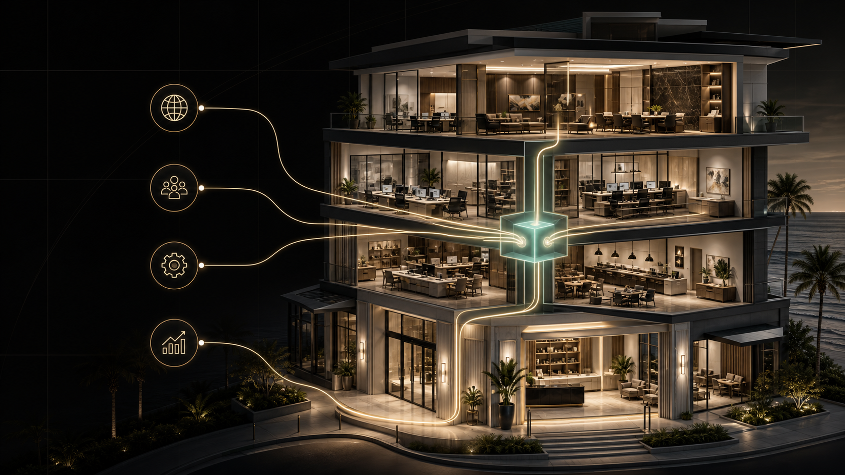 Illustrative cutaway commercial property showing connected website, brokerage, property operations, and leadership workflow layers