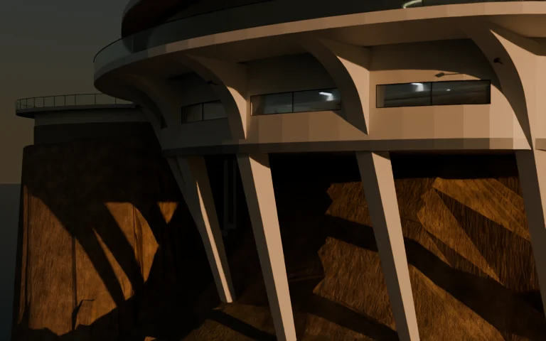 Curved structural forms beneath Pacifica’s terrace, illuminated by low sunrise light above the cliff