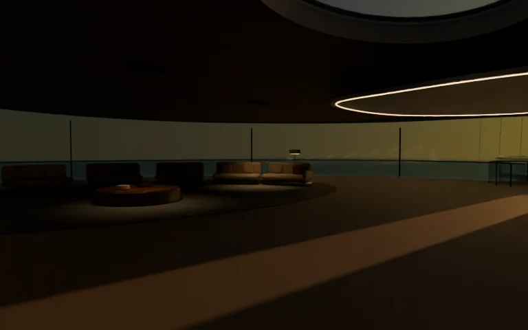 MK3 living room with conversation seating beneath a curved ceiling light at sunset
