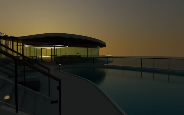 Pacifica pool terrace at sunrise, V019 Blender preview