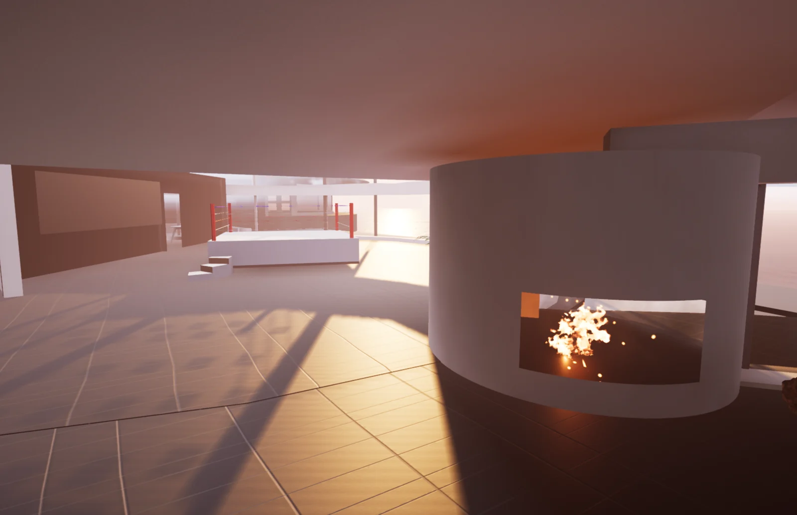 Earlier V2 interior with a curved fireplace, boxing ring and sunlight through ocean-facing glass