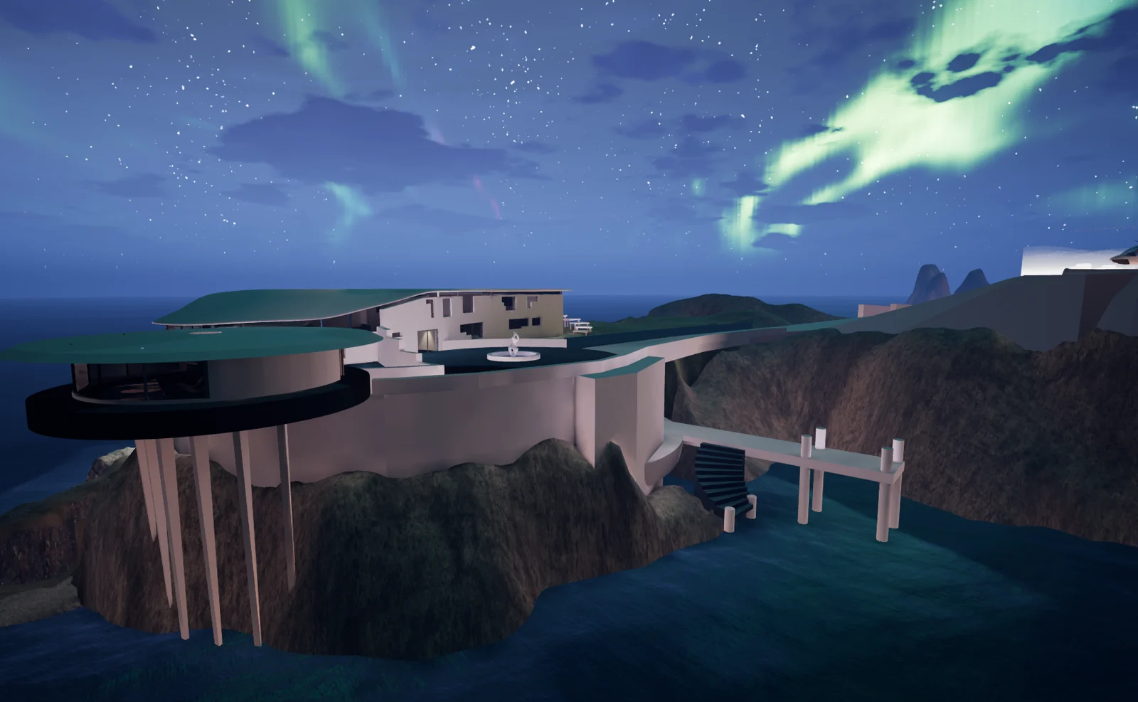 Earlier V2 mansion exterior at night beneath a stylized star-filled sky