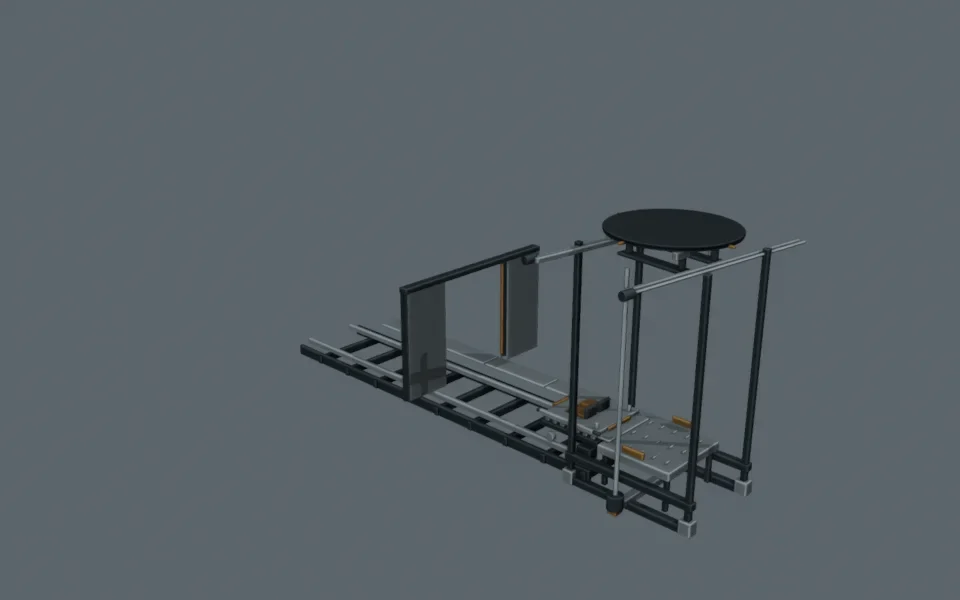Blender cutaway of the carrier feeder rails and garage presentation lift
