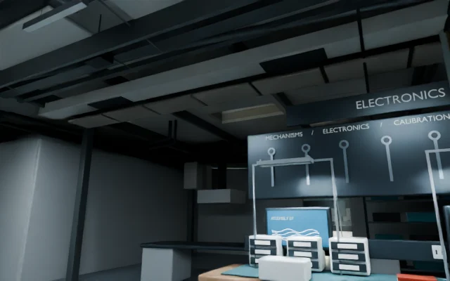 V020 workshop section showing product-informed task lights, overhead services and the electronics bench
