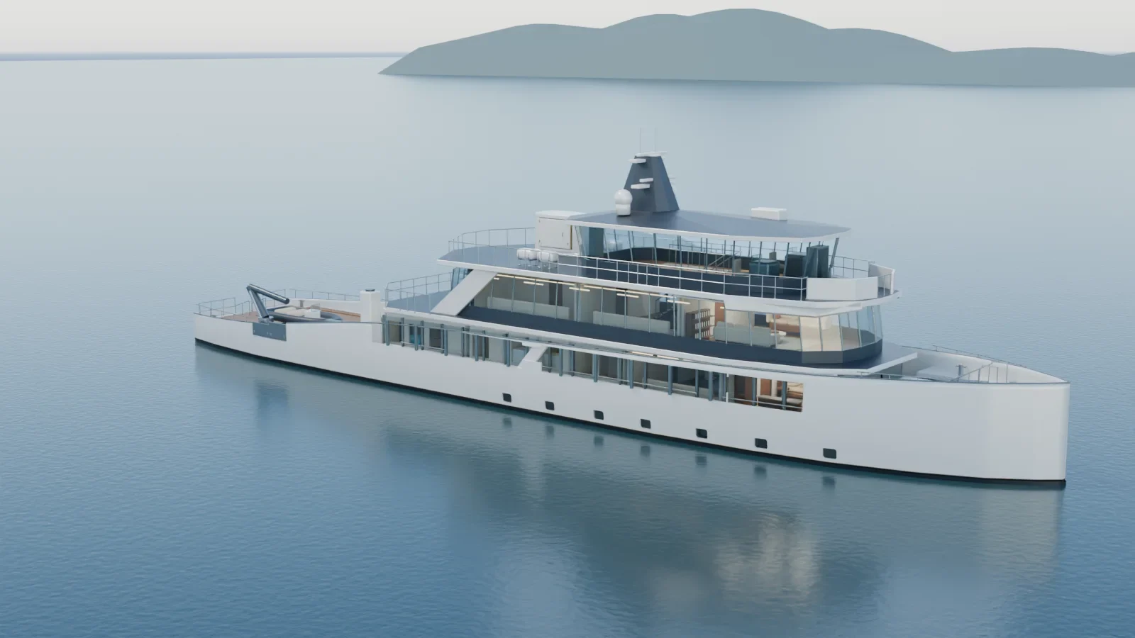 Pacifica explorer yacht with stepped decks, panoramic bridge and aft working area