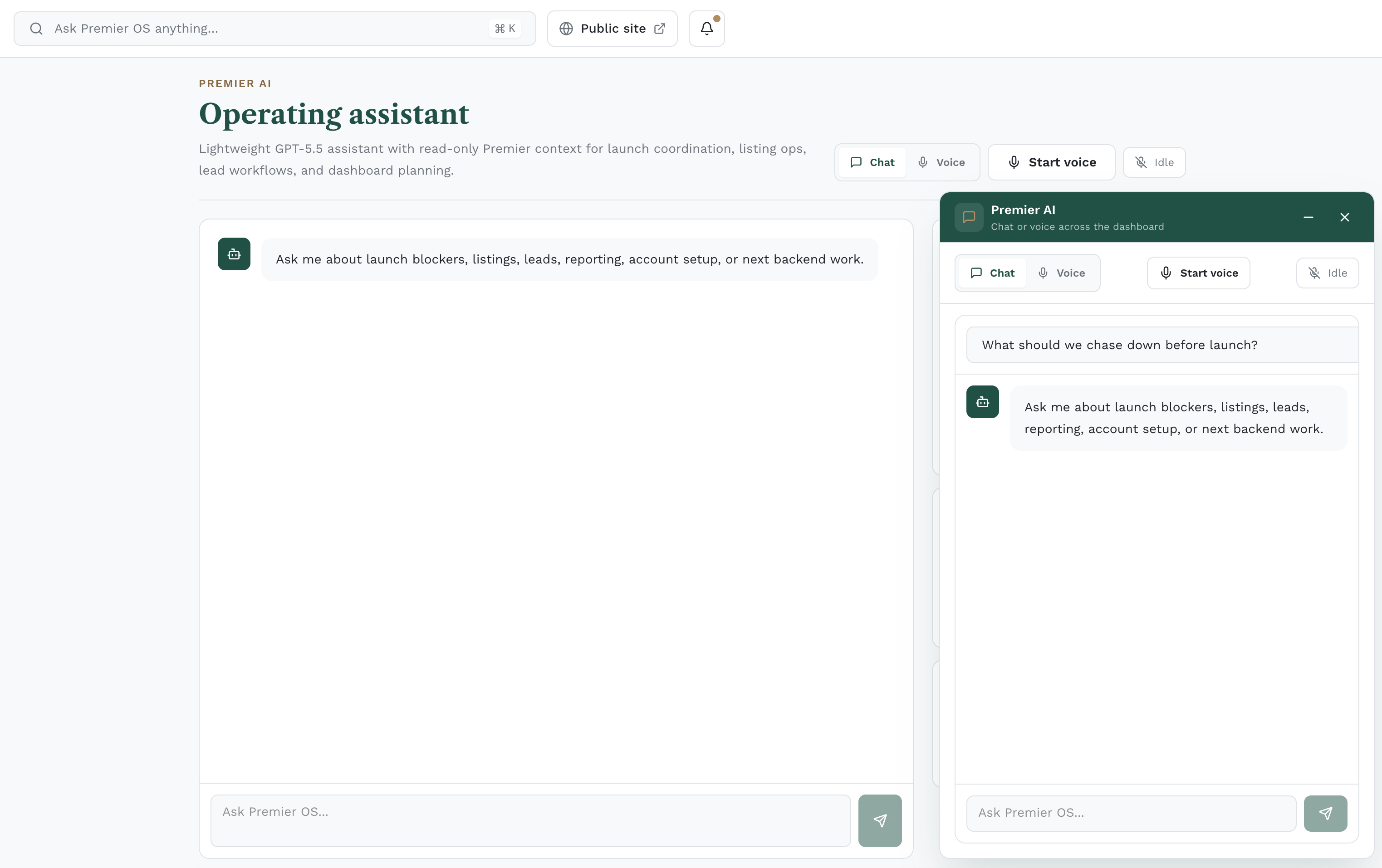 Premier AI operating assistant shown in both the full dashboard workspace and persistent chat panel.