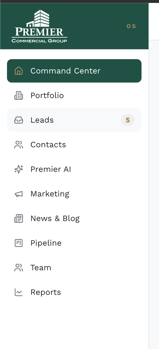 Premier OS navigation showing the command center, portfolio, leads, contacts, AI, marketing, pipeline, team, and reports.